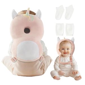 Baby Head Protector Backpack with Socks and Knee Pads - Adjustable Safety Pillow for Crawling Toddlers 5-12 Months, Soft Cushioned Support, Infant Travel Essentials Gift for Boys Girls (Unicorn) (Pink)