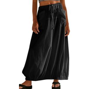 CHARTOU Women Baggy Parachute Skirt Comfy Casual Cotton Y2k Cargo Maxi Long Skirt (Black, L)