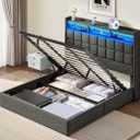 Lift Up King Size Bed Frame with Storage, Upholstered King Bed Frame with Charging Station and LED Lights Headboard, No Box Spring Needed, Easy Assembly - Dark Grey