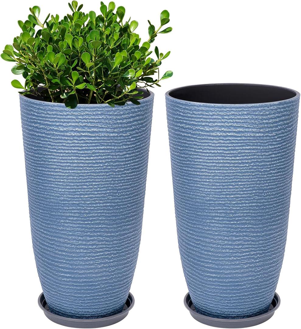 QCQHDU Set of 2 9 Gallon Tall Large planters for Outdoor/Indoor Plants of 12" Dia x 21" H Round Flower Pots Set Faux Stone Finish Front Door Patio Square Porch Planters with Tray, Sky Blue, 21in