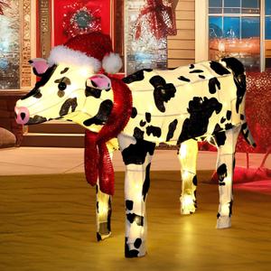 25.6'' Lighted Christmas Farm Animal Outdoor Decorations, 3D Light up Cow Christmas with 130 LED Lights, Metal Prelit Animal Yard Display for Xmas Farmhouse Garden Lawn Decor