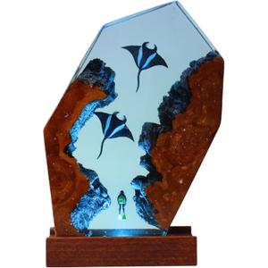 Manta Ray Ocean Resin Lamp, Epoxy Ocean Night Light with Wooden Base, LED Color Changing Table Lamp, USB Powered Dragons Decor, Unique Ocean Gift for Bedroom & Home Office (Manta Ray)
