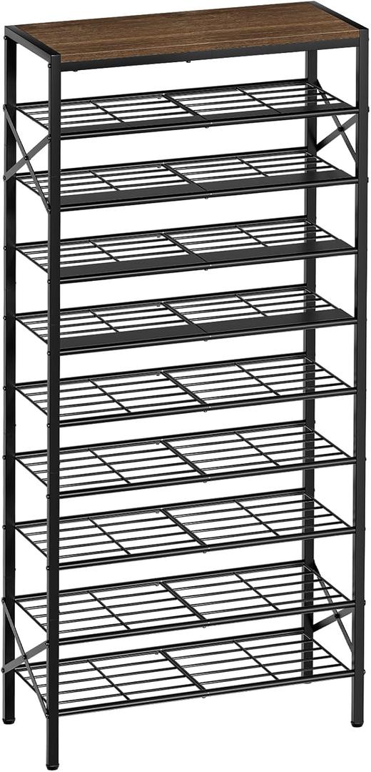 10-Tier Tall Shoe Rack Organizer Shoe Storage for Entryway 30-40 Pairs Metal Shoe Rack for Closet Heavy-Duty Shoe Rack with Wooden Top Shelf for Garage Rustic Brown