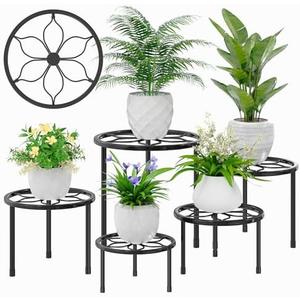 VECELO Metal Plant Stands Set of 5, Multiple Heavy Duty Flower Pot Stand, Round Plant Holder, Black