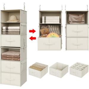 Vailando 6-Shelf Hanging Closet Organizer, 2 Separable 3-Shelf Hanging Shelves with 3 Drawers for Wardrobe, Nursery, Baby Clothes Organization and Storage, Beige
