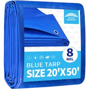RAINDEWAY Large Tarps 20x50 Feet 8 Mil Multipurpose Blue Waterproof Tarp, 20x50 Feet-Finished Size