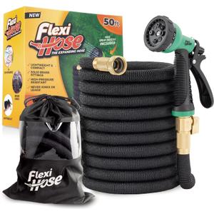 Flexi Hose Plus Expandable Garden Hose with 8 Function Nozzle, 50FT - Lightweight Retractable Garden Hose, Water Hose - No-Kink Flexibility, 3/4 Inch Solid Brass Fittings Includes Hook & Bag (Black)