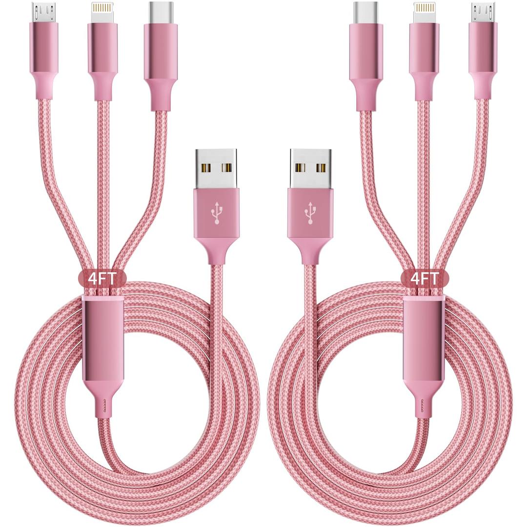 Multi Charging Cable, 3 in 1 Charging Cord for Multiple Devices, USB Cable Universal Charger with Type-C/IP/Micro USB for iPhone17-12/Android/Pad and More, Car Charger Travel Essentials(2Packs 4FT) (Pink)