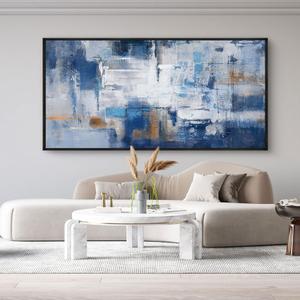 KLAKLA Living Room Wall Art - Navy Blue Abstract Large Paintings Artwork Picture Framed Canvas Bedroom Office Home Decoration Huge Art Work for Wall Decor - 58x29 Inches (Blue-White-Gray + Black frame)