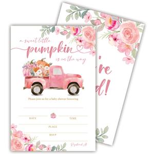 25 Set Double Print Baby Shower Invitation Cards(4"x6")-A Sweet Little Pumpkin Is On The Way Autumn Card-Floral Watercolor Pumpkin Truck Invitation Card With Envelope-Baby Gender Announcement-A02