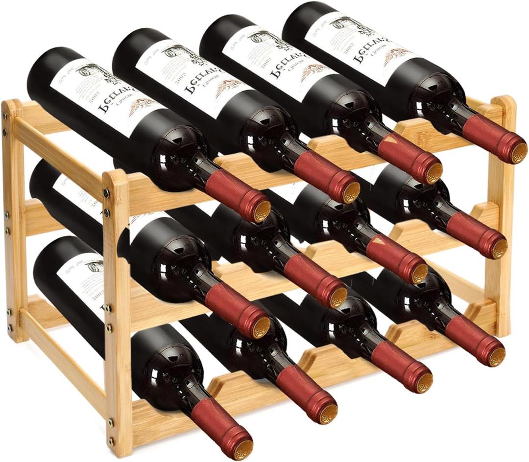 Wine Racks, 3-Tire Bamboo Wine Rack, Wine Rack for Inside Cabinet 12 Bottles Wine Storage Holder Liquor Bottle Display Shelf Suitable for Bar,Home,Kitchen,Cellar Basement,Restaurant