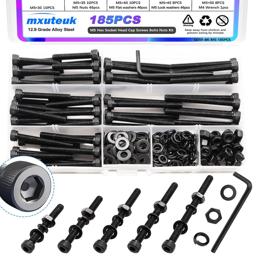 mxuteuk 185PCS M5 Screws Assortment Set, M5 Hex Socket Head Cap Screws Bolts Nuts Kit, 12.9 Grade Alloy Steel Bolts with Hex Wrench (185PCS M5 x 30/35/40/45/50mm)