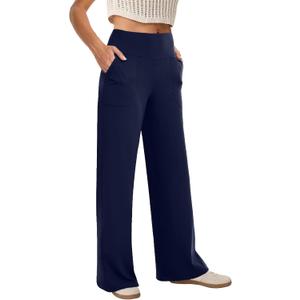 COPYLEAF Wide Leg Pants Woman High Waist Yoga Pants with Pockets Loose Stretch Dress Work Sweatpants Casual Lounge(Navy Blue XL)
