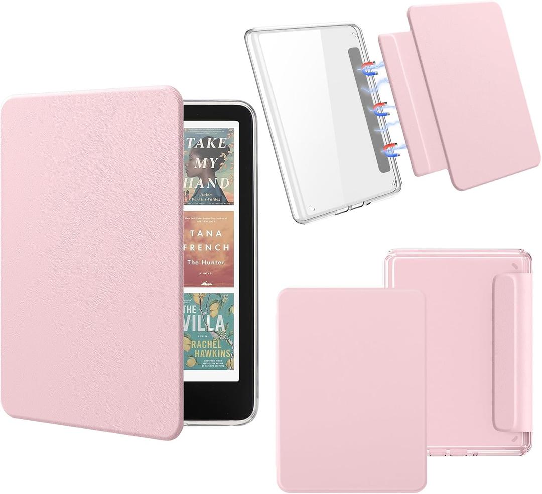 Magnetic Detachable Case for All-New 7" Kindle Paperwhite 12th Gen 2024 and Kindle Colorsoft Signature Edition, Light PU Leather Cover Case with Auto Wake/Sleep, Pink