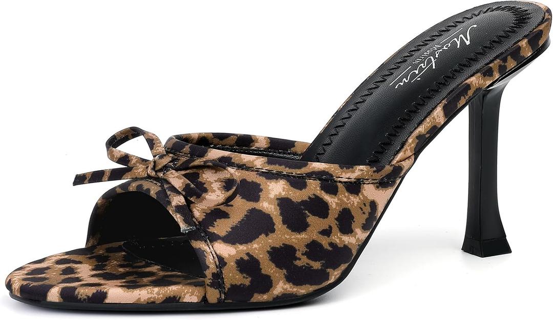 Mostrin Kitten Heels for Women Round Toe Heels With Bow Vintage Mules Sexy Slip on Stiletto Backless Sandals for Party Daily (9.5, Leopard)