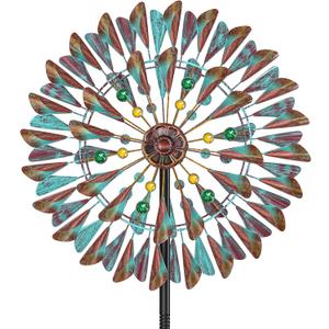 Wind Spinner Kinetic Wind Sculpture, 24.3"W x 79.3"H Large Metal Outdoor Windmill with 5Prong Stable Base, 360 Wind Catcher, EyeCatching Yard Art Decor for Patio Lawn Garden Backyard (Retro Green)