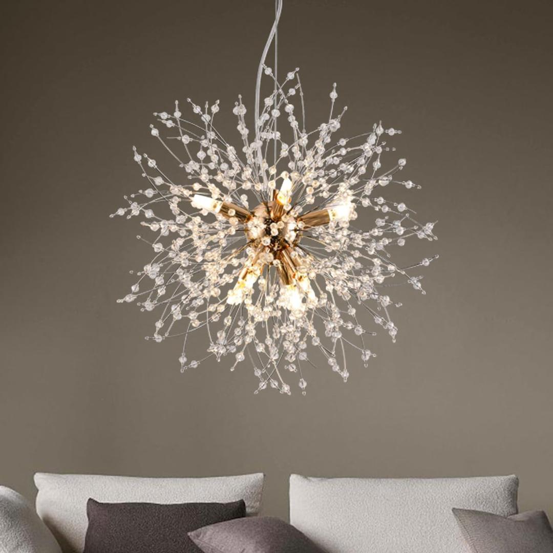 Small Modern Chandelier, 8 Lights Gold Dandelion Chandelier, Firework Crystal Chandeliers for Dining Room, Sputnik Pendant Light Fixture for Kitchen Island, Bedroom, 8-Light 15.75"
