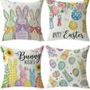 Easter Rabbit Decorative Throw Pillow Covers Set of 4, Easter Eggs Colorful Bunny Flowers Pillow Covers 18 x 17 in, Soft Linen, Cushion Pillows for Sofa, Couch, Bedroom