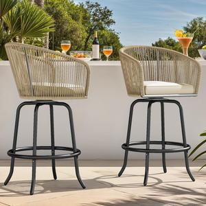 YITAHOME Counter Height Bar Stools Set of 2, Outdoor Bar Stools with Soft Cushions, Patio Rattan Swivel Bar Chairs for Backyard Poolside, Garden w /360 Rotation (Beige)