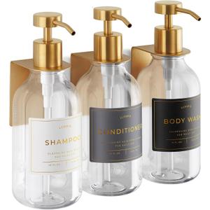 Shower Shampoo Dispenser Wall Mounted 3 Refillable 16.9 oz Clear Bottles with Stainless Steel Pumps & No-Drill Adhesive Holders Soap Dispenser Set for Bathroom (3 X Clear/Gold)