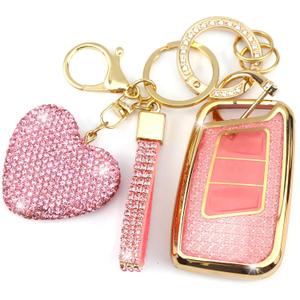Key Fob Cover with Diamond Keychain Car Key Holder Compatible with VW Volkswagen Atlas Tiguan Passat Jetta GLI Taos Arteon Smart Remote Key Protector for Women, (Pink-Heart)