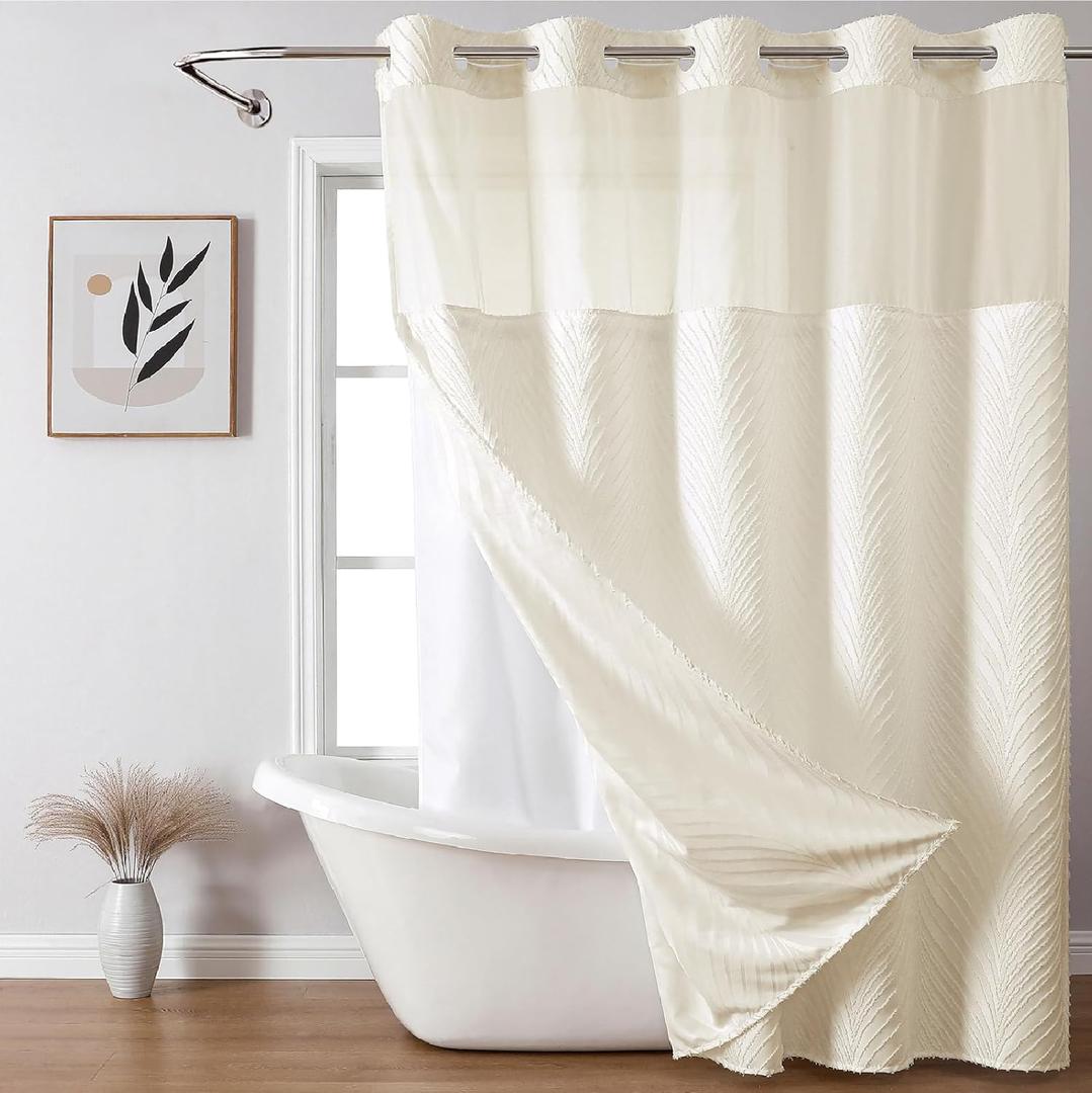 Eachope Cream No Hook Tufted Shower Curtain with snap-in Liner for Bathroom, Boho Farmhouse Style with See Through Top Window, no Hook Shower Curtain and Liner Set, Beige/Cream, 71Wx74H
