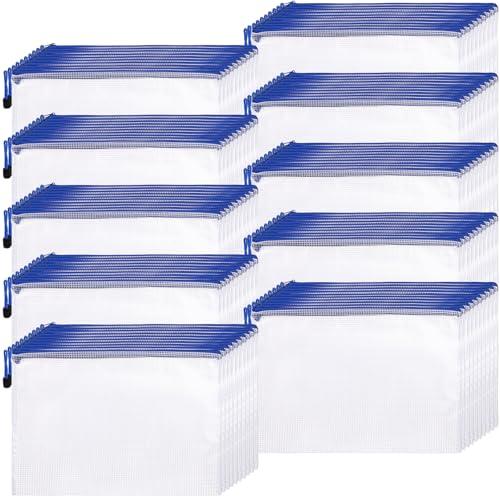 Zhehao 100 Pcs A4 Mesh Zipper Pouch Bag Bulk Mesh Pouch with Zipper Waterproof Clear Storage Bag for School Office Supplies Cosmetics Travel,13.19 x 9.45 in (Blue)