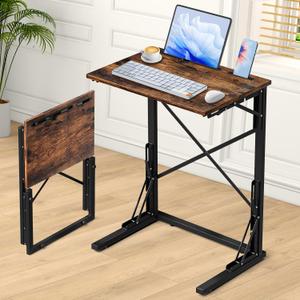 21''Wx28''H Folding TV Tray Table, C-Shaped Dinner Table with Phone & Tablet Slots, Small Foldable Side Desk for Couch Side Recliner, Living Room, Bedroom(Rustic Brown)