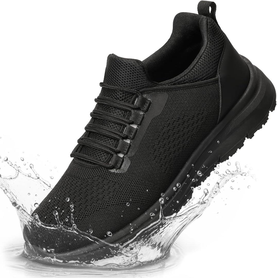 Work Shoes for Men Water-Repellent Kitchen Chef Tennis Shoes for Men Comfy Breathable Food Service Restaurant Sneakers All Black (10.5)