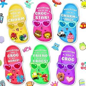 Huzmelo Valentines Day Cards for Kids School Classroom, 24 Cards with 48 Assorted Shoe Charms Kit for Valentine's Day Kids Classroom Gifts Exchange Party Favors for Boys Girls
