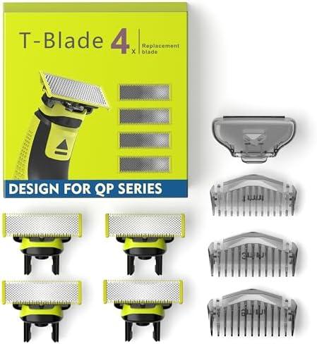 4-Pack Replacement Heads and 3 Guide Combs Guards Kit Compatible with OneBlade QP Series QP25/26/27/28/45/65