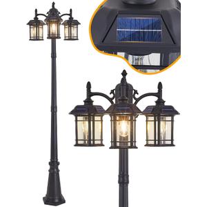 Solar Powered Outdoor Post Light 82.7" H 3-Headed Lamp Post with Dusk to Dawn Sensor Pole Street Lantern 3 Light Black Outdoor Lamp Post Lights E26 Outdoor Street Light for Pole Garden Yard