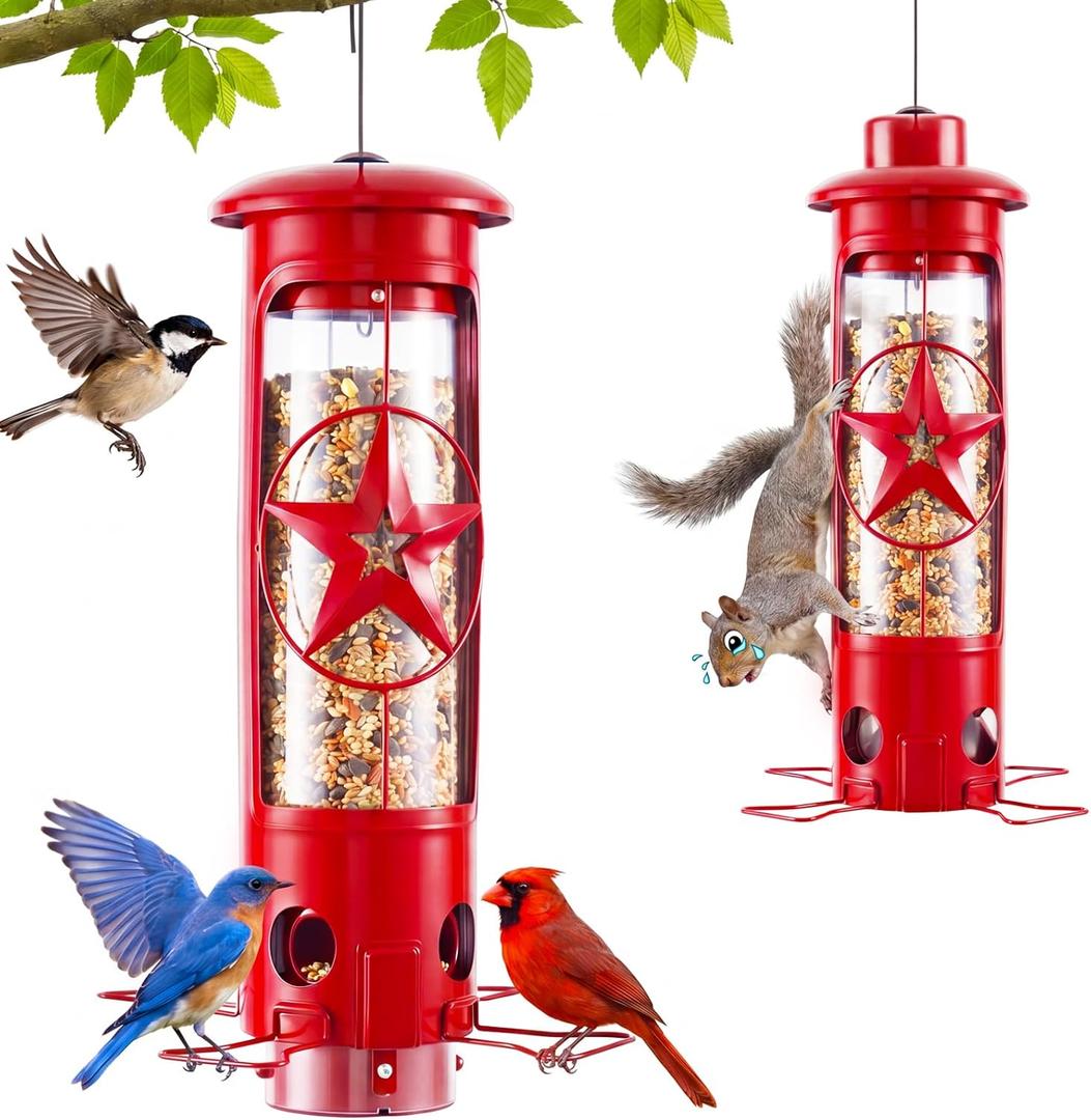 Squirrel Proof Bird Feeders for Outdoors with Weight-Activated, 3LB Large Metal Wild Bird Feeders for Cardinals,Blue Jay,Finch, Weatherproof Durable Tube Hanging Bird Feeder for Backyard,Garden,Patio (Red)