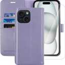 MONASAY Wallet Case Compatible for iPhone 15 5G,[Glass Screen Protector Included] [RFID Blocking] Flip Folio Leather Cell Phone Cover with Credit Card Holder, 6.1-inch, Lavenders