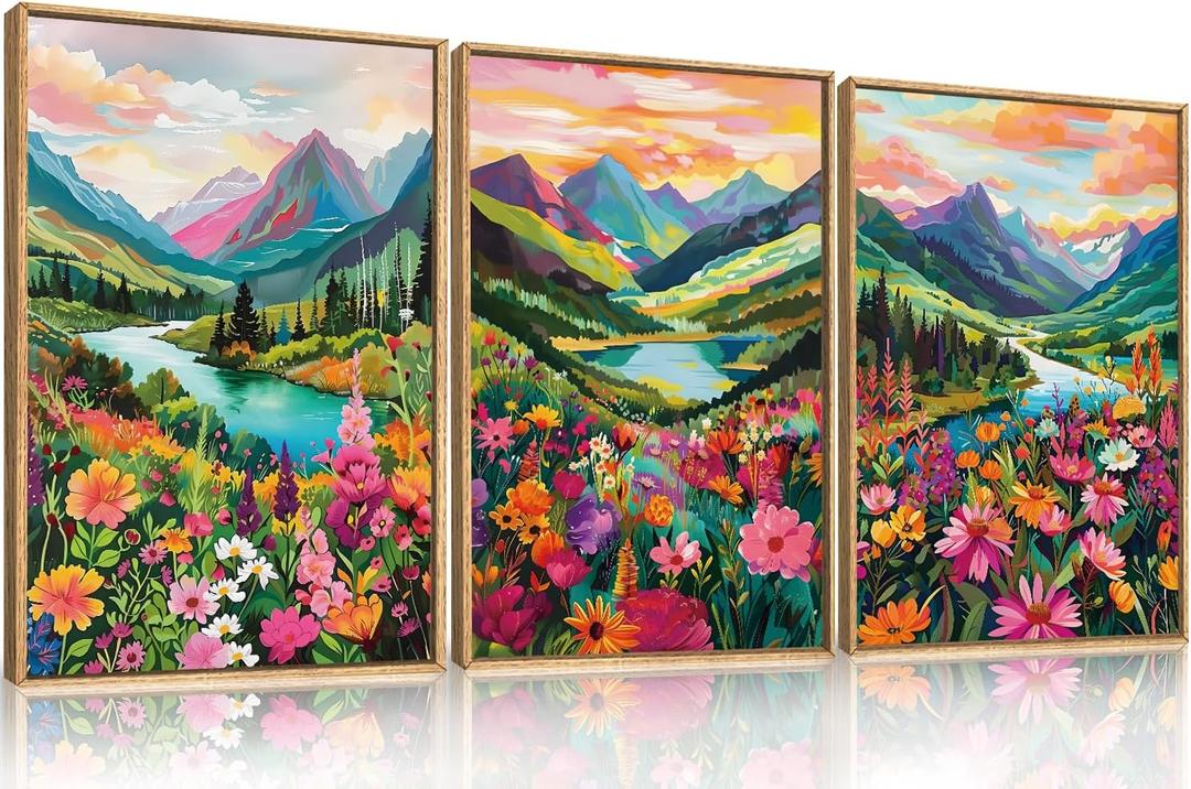 Celestdeco Colorful Wildflower Blossom Framed Canvas Wall Art Set,Mountain Flowers Wall Painting, Abstract Landscape Wall Decor,Natural Ridge Floral Art Print for Living Room,Dining Room,Office - 24"x36"x3