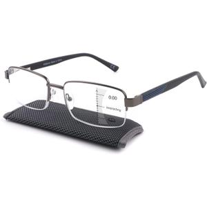 Missfive Mens Premium Multifocus Reading Glasses 0 Power on Top Center, Blue Light Blocking Far/Mid/Near Progressive Metal Frame With No Broken Spring Hinge +2.0x