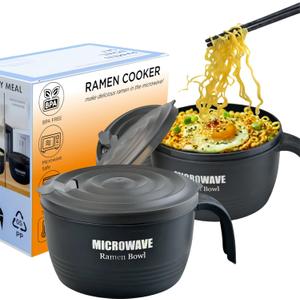 Layron 2 Sets Microwave Ramen Cooker Bowl 45 oz Instant Noodle Bowl with Handles Ramen Noodle Cooker with Spoon Chopsticks Fork Knife College Dorm Room Essentials for Boys Girls (Black, Black)