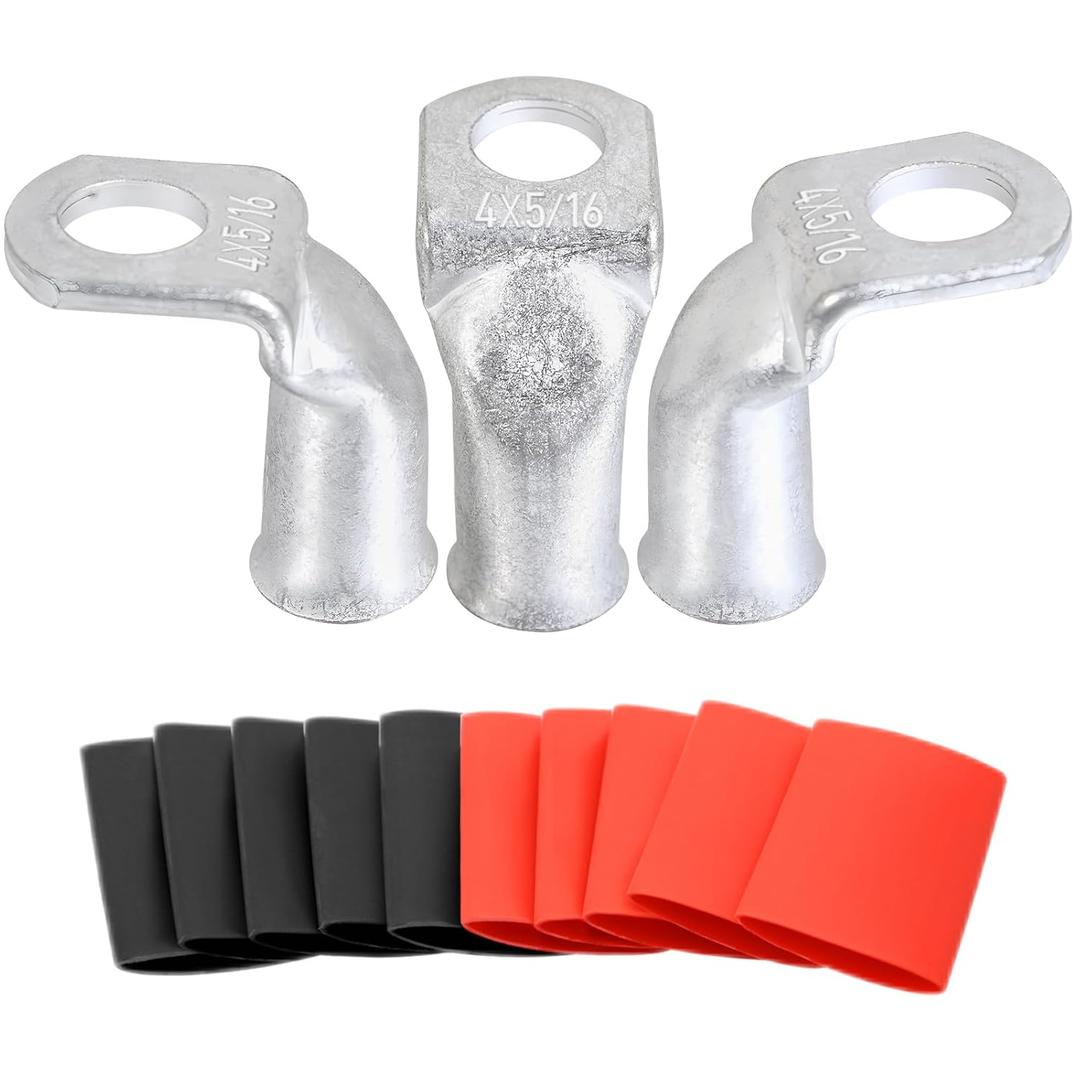 Tinned Copper Cable Lugs 10pcs 4 AWG-5/16 90 Degree Bent Battery Lugs,Heavy Duty Wire Lugs,Ring Terminal,4 Guage terminals,Battery Cable Ends/Terminal Connectors with 10pcs 3:1 Heat Shrink Tubing