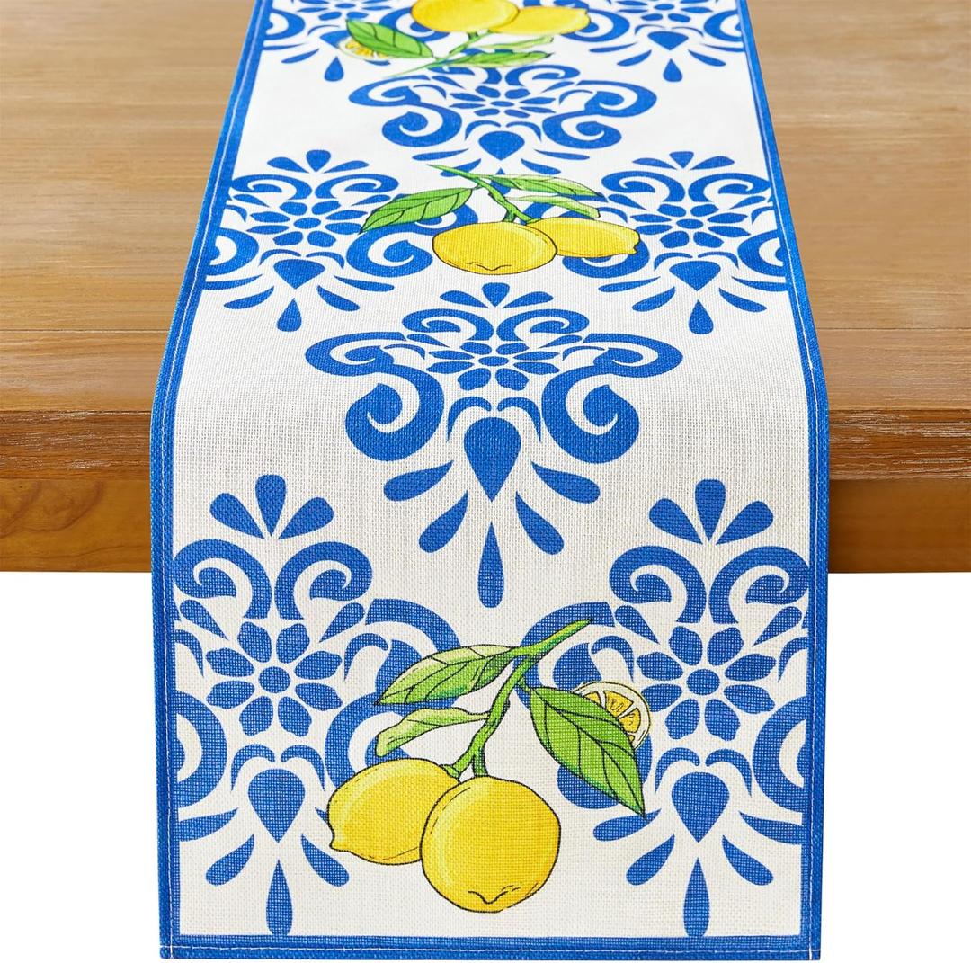 YATOJUZI Lemon Table Runner Summer Blue Table Runners 13x72 Inches Long Table Runner for Home Kitchen Dining Table Decor