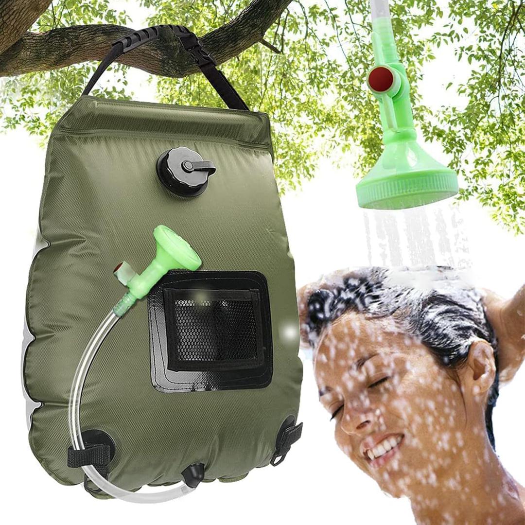 Solar Shower Bag | 5 Gal/20L Solar Heating Camping Shower Bag | Removable Hose | On-Off Switchable Shower Head | Ducha Portatil | Traveling Shower | Portable Shower for Beach Swimming, Hiking (Green)