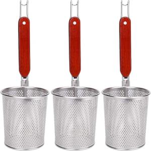 Lawei 3 Packs Mesh Pasta Basket with Wooden Handle Stainless Steel Mesh Spider Strainer for Pasta, Noodles, Dumpling