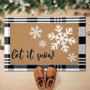 2 Pcs Winter Let It Snow Coir Doormats Outdoor Snowflake Welcome Door Mats Layered Buffalo Plaid Front Door Rugs Non Slip Floor Mats for Christmas Porch Entryway Indoor Outdoor Decor (Black and White)