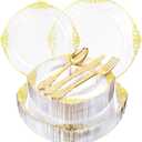 125PCS Clear Plastic Plates - Fancy Clear Gold Disposable Plates Include 25 Dinner Plates, 25 Dessert Plates, 75 Gold Plastic Silverware for 25 Guests for Wedding & Party