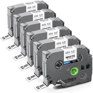 Tze 12mm 0.47 Laminated White Tape Tz-231 Compatible for Brother Tze-231 Tz Label Maker Tape Work for Ptouch PT-D220 PTD210 PTH110 PTH100 PTD600 PTD200 PTD410, Black on White, 1/2'' x 26.2', 6 Pack