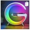 Smart LED Table Lamp, 4-in-1 Wireless Charger, Night Light, Alarm Clock, and Bluetooth Speaker with App Control for Bedroom, Office, and Home Decor (White)