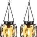 Solar Lanterns Outdoor 2 Pack, Metal Solar Hanging Lanterns with Hook - Outdoor Hanging Lantern Lights Waterproof, Bright Warm Lantern Decor for Outside Garden Yard Patio Pathway