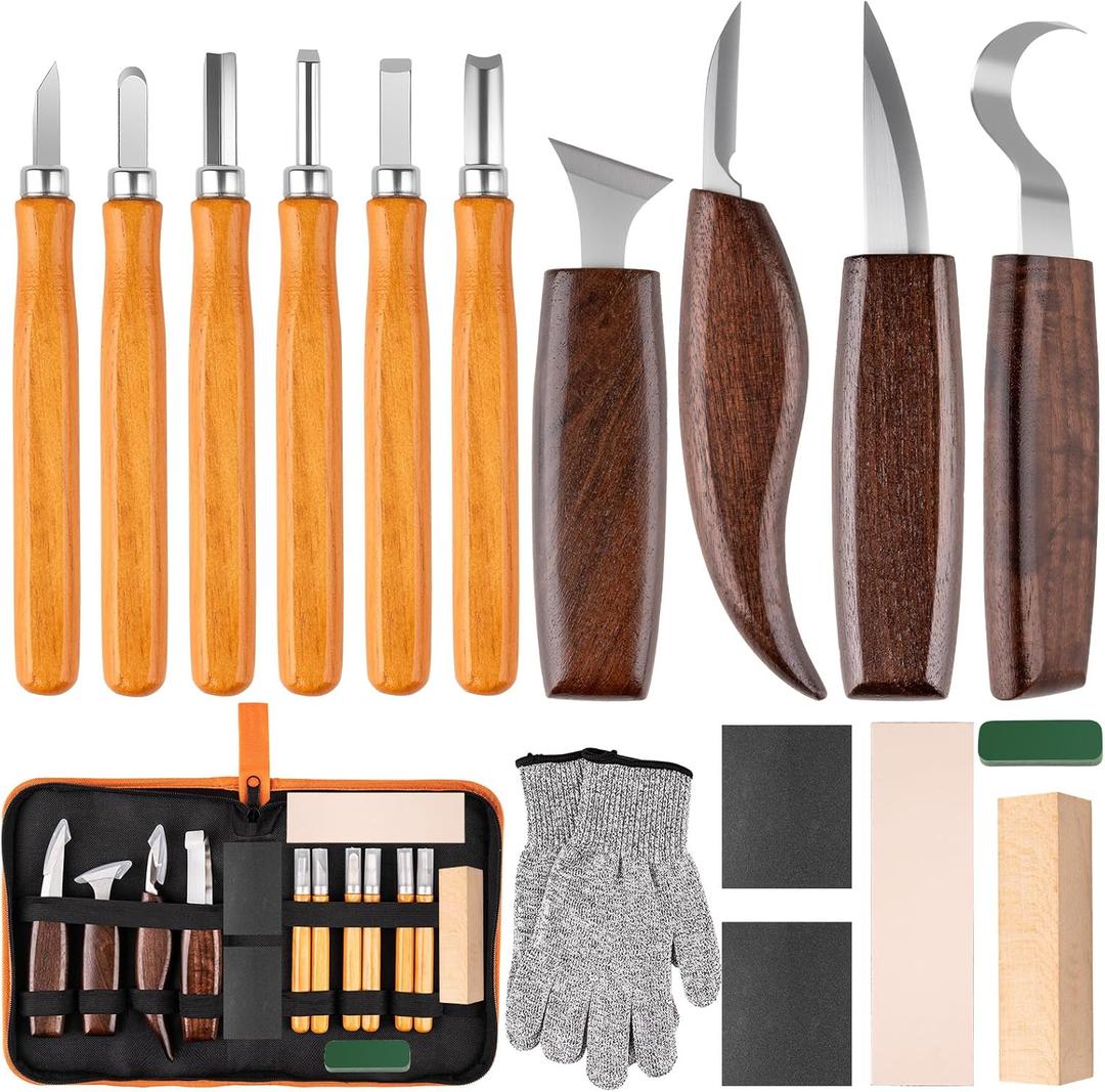 26 IN 1 Wood Carving Tools Kit for Beginners, Complete Woodworking Tools Set Including 4 Wood Knives and 6 Chisels, Wood Whittling Starter Kit for Woodworking DIY Hobby Projects
