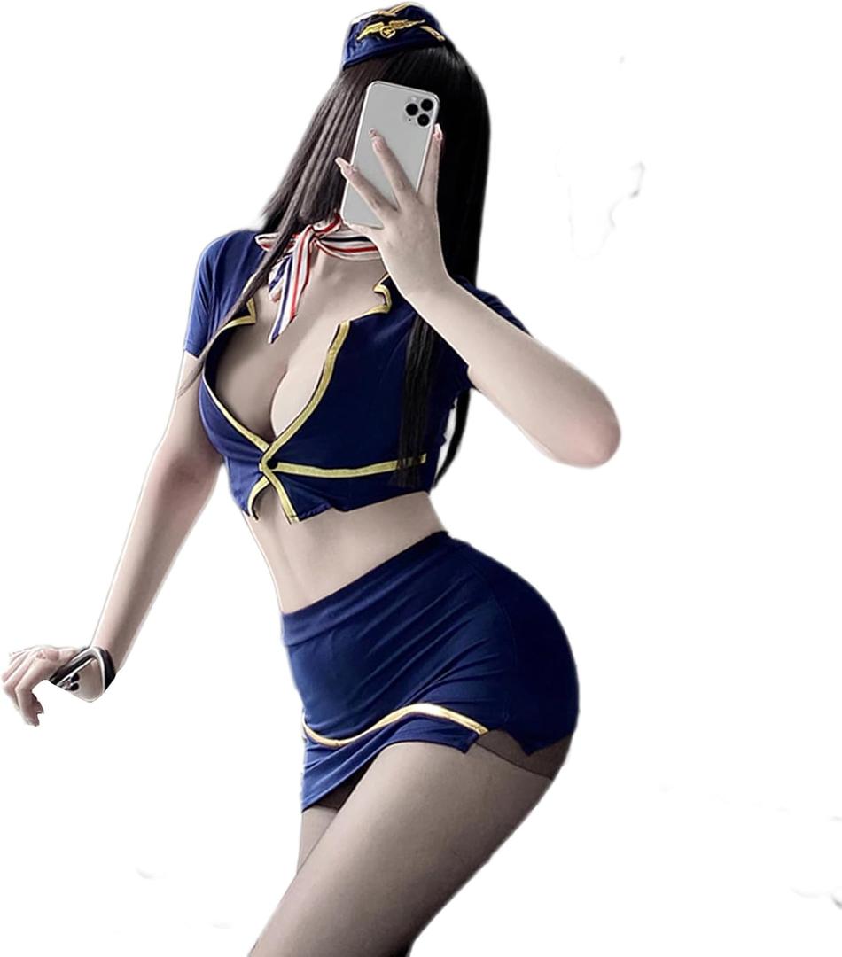 SINMIUANIME Sexy Flight Attendant Stewardess Costume for Women Racer Costumes Halloween Cosplay Lingerie Party Outfit 