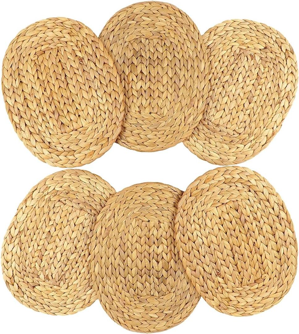 Oval Woven Placemats Set of 6, Natural Water Hyacinth Charger Plates Non-Slip Weave Placemats Farmhouse Straw Braided Rattan Tablemats, Oval Wicker Place Mats for Dining Table