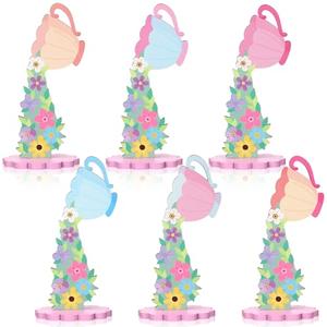 Chunful 6 Pieces Wooden Tea Party Centerpieces Table Sign Princess Floral Teapot Tiered Tray Tea Party Decorations for Spring Summer Theme Baby Bridal Shower Wedding Birthday Supplies